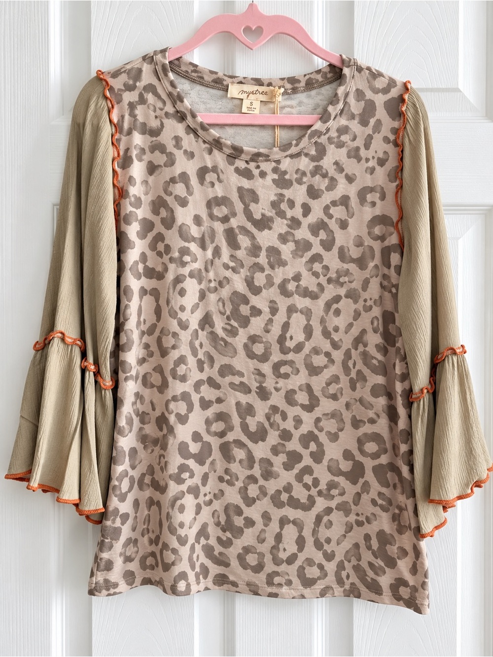 Mystree Olive Leopard Print Bell Sleeve Blouse